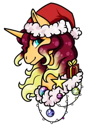 Size: 1024x1465 | Tagged: safe, artist:oneiria-fylakas, derpibooru import, oc, oc:sunrose, pony, unicorn, bust, christmas, female, hat, holiday, image, mare, png, portrait, santa hat, simple background, solo, transparent background