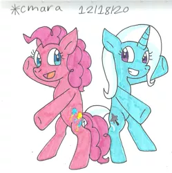 Size: 1042x1048 | Tagged: safe, artist:cmara, derpibooru import, pinkie pie, trixie, earth pony, pony, unicorn, bipedal, duo, female, grin, image, jpeg, mare, open mouth, raised hoof, simple background, smiling, traditional art, white background