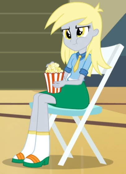 Size: 406x560 | Tagged: safe, derpibooru import, edit, edited screencap, screencap, derpy hooves, equestria girls, rainbow rocks, cropped, cute, derpabetes, folding chair, food, image, png, popcorn, reaction image, solo