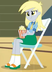 Size: 406x560 | Tagged: safe, derpibooru import, edit, edited screencap, screencap, derpy hooves, equestria girls, rainbow rocks, cropped, cute, derpabetes, folding chair, food, image, png, popcorn, reaction image, solo