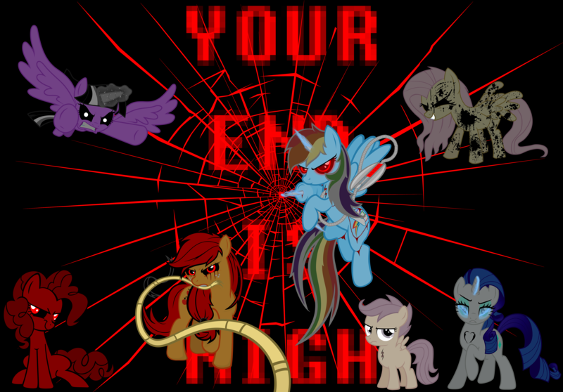 Size: 14340x10000 | Tagged: semi-grimdark, artist:jbm-deviantart, banned from derpibooru, deleted from derpibooru, derpibooru import, applejack, fluttershy, pinkie pie, rainbow dash, rarity, scootaloo, twilight sparkle, twilight sparkle (alicorn), alicorn, earth pony, pegasus, pony, unicorn, fanfic:rainbow factory, lil-miss rarity, .exe, crack, creepypasta, edgy, evil, fanfic art, female, filly, flutter island, flying, glowing eyes, image, ink, looking at you, magic, mane six, pegasus device, png, rainbow.exe, red eyes, rope, scar, sitting, splotches, the end is neigh, the end is nigh, your end is nigh, zalgo, zalgo pie