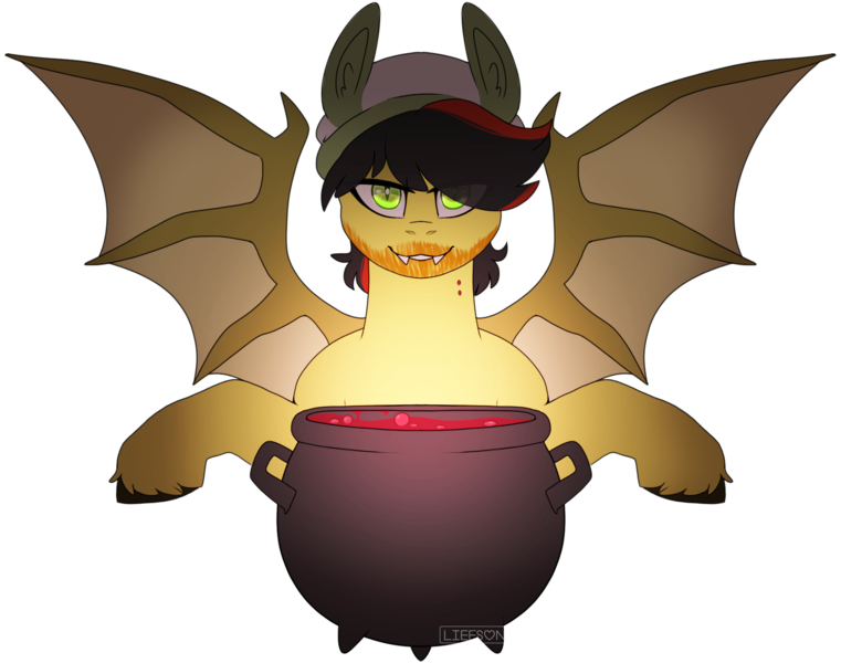 Size: 1846x1456 | Tagged: safe, artist:liefsong, derpibooru import, oc, oc:fiya, unofficial characters only, bat pony, vampire, vampire bat pony, bat ponified, bat wings, bite mark, cauldron, commission, fangs, image, png, race swap, simple background, solo, species swap, spread wings, transparent background, wings, ych result