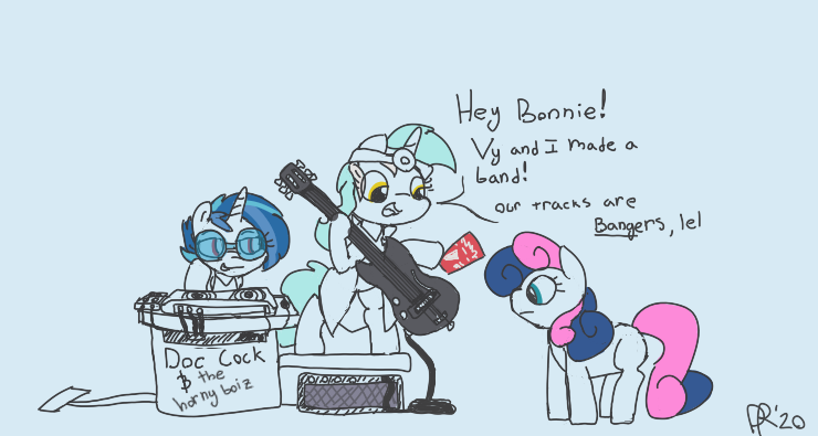 Size: 740x395 | Tagged: safe, artist:davierocket, derpibooru import, bon bon, lyra heartstrings, sweetie drops, vinyl scratch, amp, band, bipedal, flier, guitar, image, mixer, musical instrument, png, simple background, text