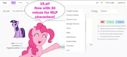 Size: 2000x906 | Tagged: safe, artist:slb94, derpibooru import, edit, edited screencap, screencap, apple bloom, lyra heartstrings, pinkie pie, princess celestia, princess luna, scootaloo, spike, starlight glimmer, sweetie belle, trixie, twilight sparkle, advertising, excited, eyes closed, fifteen.ai, image, open mouth, png, raised hoof, speech bubble, tara strong, vector, website