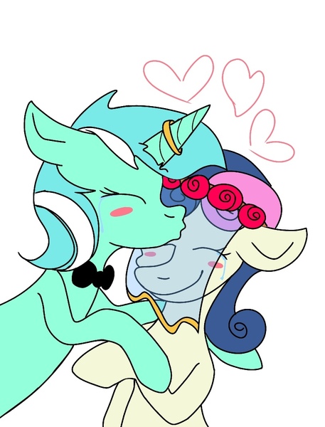 Size: 815x1070 | Tagged: safe, artist:lowname, derpibooru import, bon bon, lyra heartstrings, sweetie drops, earth pony, pony, unicorn, blush sticker, blushing, bowtie, bust, crying, eyes closed, female, floating heart, floral head wreath, flower, heart, horn, horn ring, image, jewelry, jpeg, kissing, lesbian, lyrabon, mare, ring, shipping, simple background, smiling, tears of joy, wedding veil, white background