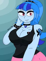 Size: 1932x2576 | Tagged: safe, artist:c_w, derpibooru import, sonata dusk, equestria girls, breasts, busty sonata dusk, cleavage, eyelashes, eyeshadow, goth, gothic sonata, hand on face, image, jewelry, jpeg, looking at you, makeup, pendant, smiling, smiling at you, tattoo, wristband