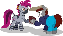 Size: 4770x2768 | Tagged: safe, artist:khaki-cap, derpibooru import, oc, oc:khaki, oc:khaki-cap, oc:zjin, oc:zjin-wolfwalker, unofficial characters only, earth pony, pony, zebra, derpibooru community collaboration, 2021 community collab, butt, cap, clothes, earth pony oc, female, hat, high res, hoodie, image, jean thicc, jeans, male, mane, mare, mug, pants, png, simple background, stallion, tail, thicc ass, transparent background, vector, zebra oc