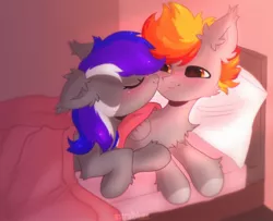 Size: 1662x1348 | Tagged: safe, artist:astralblues, derpibooru import, oc, oc:paranoia, oc:retro, earth pony, pegasus, pony, bed, chest fluff, couple, cute, ear fluff, female, fluffy, hoof fluff, image, jpeg, kiss on the cheek, kissing, laying on bed, lying down, male, on bed, shy