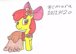 Size: 1086x772 | Tagged: safe, artist:cmara, derpibooru import, apple bloom, earth pony, pony, apple bloom's bow, bow, clothes, dress, female, filly, gala dress, hair bow, image, jpeg, simple background, solo, traditional art, white background