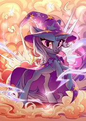 Size: 2894x4093 | Tagged: safe, artist:shore2020, derpibooru import, trixie, pony, unicorn, badass, bipedal, cape, clothes, cool guys don't look at explosions, explosion, female, hat, image, mare, png, raised hoof, rearing, smoke, solo, special effects, trixie's cape, trixie's hat