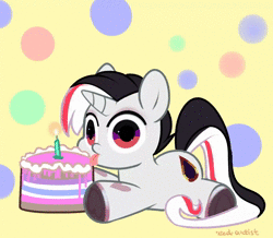 Size: 1280x1114 | Tagged: safe, artist:rrd-artist, derpibooru import, oc, unofficial characters only, pony, unicorn, animated, birthday, birthday cake, cake, female, food, image, mlem, silly, solo, tongue out, underhoof, webm