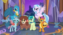 Size: 1366x768 | Tagged: safe, derpibooru import, screencap, gallus, ocellus, sandbar, silverstream, smolder, yona, changedling, changeling, classical hippogriff, dragon, earth pony, gryphon, hippogriff, pony, yak, she's all yak, arms, bow, bowtie, cloven hooves, colored hooves, confused, dragoness, female, flying, hair bow, image, jewelry, male, monkey swings, necklace, png, raised eyebrow, spread wings, student six, teenager, wings