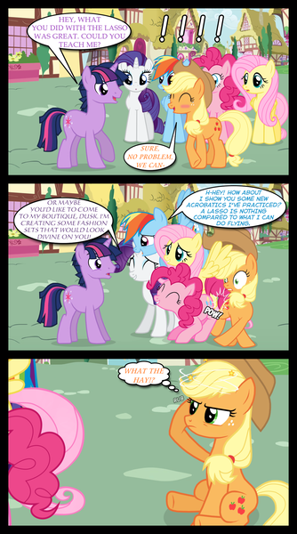 Size: 1280x2300 | Tagged: safe, artist:bigsnusnu, derpibooru import, applejack, fluttershy, pinkie pie, rainbow dash, rarity, twilight sparkle, earth pony, pegasus, unicorn, comic:dusk shine in pursuit of happiness, applejack is not amused, blushing, butt bump, butt smash, circling stars, comic, dizzy, dusk shine, dusk shine gets all the mares, half r63 shipping, hoof on head, image, mane six, png, rule 63, shipping, unamused