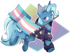 Size: 1024x769 | Tagged: safe, artist:cutepencilcase, derpibooru import, trixie, pony, unicorn, cheek fluff, chest fluff, clothes, ear fluff, flag, hoodie, image, looking at you, mouth hold, mouthpiece, png, pride, pride flag, trans trixie, transgender, transgender pride flag