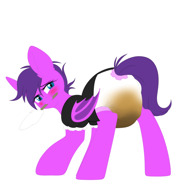 Size: 3000x3000 | Tagged: questionable, artist:xcinnamon-twistx, derpibooru import, oc, oc:melody bliss, bat pony, pony, blushing, clothes, commission, diaper, diaper fetish, female, fetish, image, looking at you, maid, mare, messy diaper, mouth hold, png, simple background, trans female, transgender, transparent background, ych result