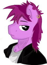 Size: 300x419 | Tagged: safe, derpibooru import, editor:soulless pinkamena, oc, oc:soulless pinkamena, unofficial characters only, anthro, clothes, ear piercing, earring, image, jacket, jewelry, lidded eyes, looking at you, male, piercing, png, shirt, simple background, solo, transparent background, t-shirt