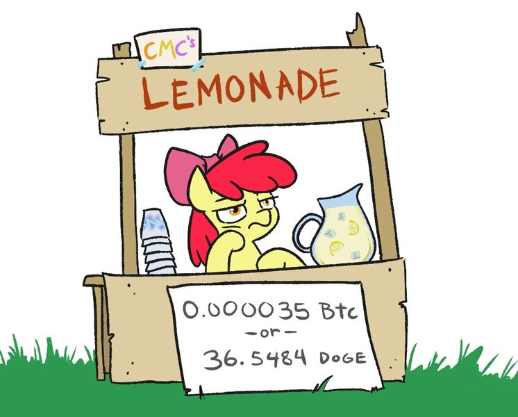 Size: 1002x806 | Tagged: safe, artist:jargon scott, derpibooru import, apple bloom, pony, bitcoin, bored, cryptocurrency, dogecoin, featured image, female, filly, hoof on chin, image, jpeg, juice, lemonade, lemonade stand, solo, solo jazz
