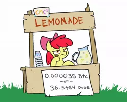 Size: 1002x806 | Tagged: safe, artist:jargon scott, derpibooru import, apple bloom, pony, bitcoin, bored, cryptocurrency, dogecoin, featured image, female, filly, hoof on chin, image, jpeg, juice, lemonade, lemonade stand, solo, solo jazz