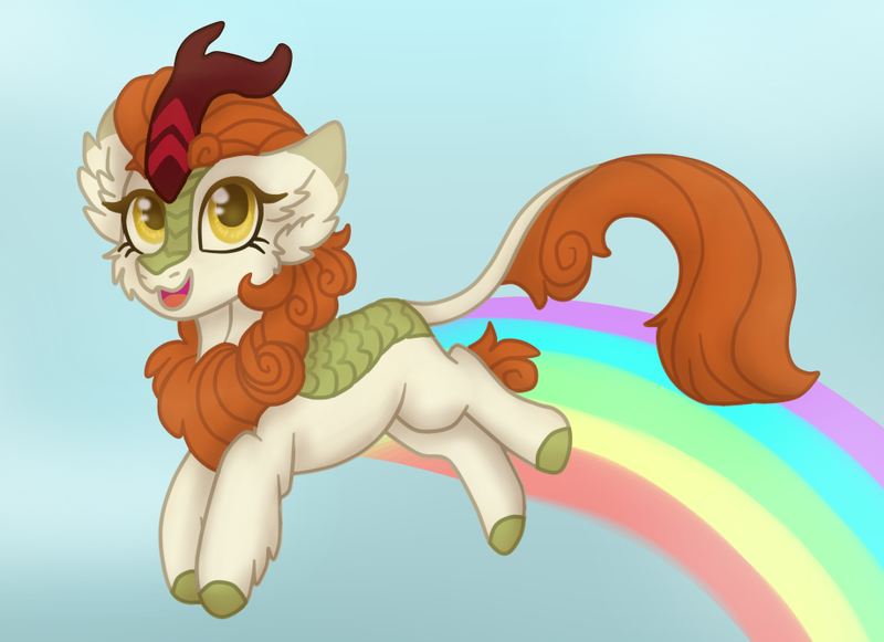 Size: 919x667 | Tagged: safe, artist:brendalobinha, derpibooru import, autumn blaze, kirin, sounds of silence, a kirin tale, female, image, leaping, mare, png, rainbow trail, sky, solo