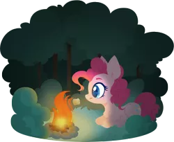 Size: 4000x3272 | Tagged: safe, artist:belka-sempai, derpibooru import, pinkie pie, earth pony, pony, campfire, chest fluff, colored pupils, female, food, forest, high res, image, leg fluff, lying down, mare, marshmallow, mouth hold, png, ponyloaf, profile, prone, simple background, solo, stick, transparent background, tree