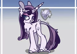 Size: 2388x1668 | Tagged: safe, artist:caramelbolt24, derpibooru import, oc, unofficial characters only, pony, unicorn, abstract background, ear fluff, female, grin, horn, image, magical lesbian spawn, mare, offspring, parent:pinkie pie, parent:rarity, parents:raripie, png, reference sheet, signature, smiling, solo, story included, unicorn oc