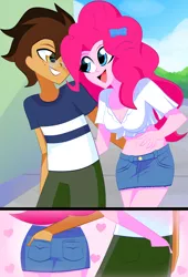 Size: 2732x4012 | Tagged: safe, artist:xan-gelx, derpibooru import, pinkie pie, oc, oc:copper plume, equestria girls, balloonbutt, breasts, butt, butt touch, canon x oc, cleavage, clothes, commission, commissioner:imperfectxiii, copperpie, dating, denim skirt, female, freckles, glasses, hand in pocket, image, jpeg, looking at each other, male, midriff, miniskirt, open mouth, shipping, shorts, skirt, straight
