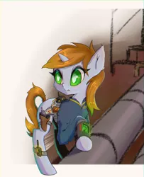 Size: 1461x1800 | Tagged: safe, artist:mistleinn, derpibooru import, oc, oc:littlepip, unofficial characters only, pony, unicorn, fallout equestria, clothes, female, green eyes, gun, handgun, image, little macintosh, mare, pipbuck, png, revolver, solo, weapon