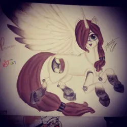 Size: 1080x1080 | Tagged: safe, alternate version, artist:cats_drawings_cos, derpibooru import, oc, unofficial characters only, alicorn, human, pony, robot, robot pony, alicorn oc, colored, female, glasses, hair over one eye, hoof shoes, horn, image, jpeg, mare, open mouth, solo, traditional art, wings