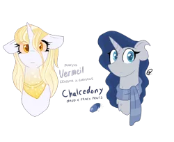 Size: 1900x1547 | Tagged: safe, artist:gallantserver, derpibooru import, oc, oc:chalcedony, oc:vermeil, unofficial characters only, changepony, hybrid, pony, unicorn, clothes, female, image, magical lesbian spawn, mare, offspring, parent:fancypants, parent:maud pie, parent:princess celestia, parent:queen chrysalis, parents:chryslestia, png, scarf, simple background, transparent background