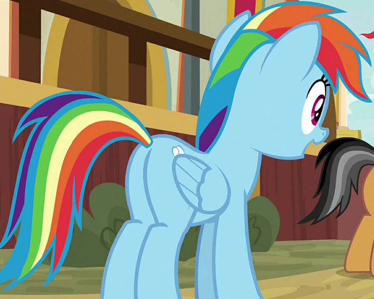 Size: 1141x913 | Tagged: safe, derpibooru import, screencap, quibble pants, rainbow dash, pegasus, pony, common ground, butt, cropped, female, image, male, mare, plot, png, rainbutt dash, solo focus, stallion