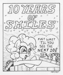 Size: 1012x1200 | Tagged: safe, artist:abronyaccount, derpibooru import, pinkie pie, earth pony, pony, 10, 20, female, gift wrapped, happy birthday mlp:fim, image, ink, ink drawing, lettering, mare, mlp fim's tenth anniversary, png, present, signature, smiling, speech bubble, traditional art