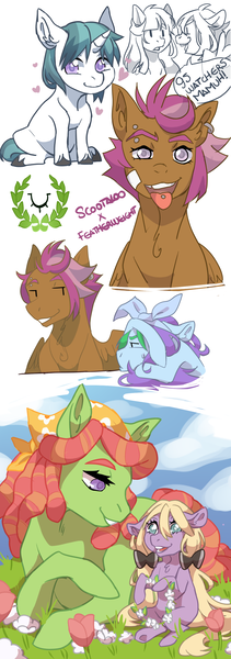 Size: 1000x2850 | Tagged: safe, artist:ponipoke, derpibooru import, tree hugger, oc, oc:arrow, oc:golden, oc:tumbleweed, unnamed oc, earth pony, pegasus, pony, unicorn, auntie tree hugger, bust, colt, cutie mark, female, filly, floral head wreath, flower, hoof hold, image, magical lesbian spawn, male, mare, meadow, offspring, parent:applejack, parent:big macintosh, parent:featherweight, parent:fluttershy, parent:rainbow dash, parent:scootaloo, parents:appledash, parents:fluttermac, parents:scootaweight, png, tongue out