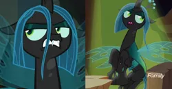 Size: 1024x533 | Tagged: safe, artist:opossum-stuff, derpibooru import, edit, edited screencap, screencap, queen chrysalis, changeling, changeling queen, frenemies (episode), discovery family logo, eyeroll, female, image, jpeg, lidded eyes, open mouth, short hair, sitting, snarling, unamused