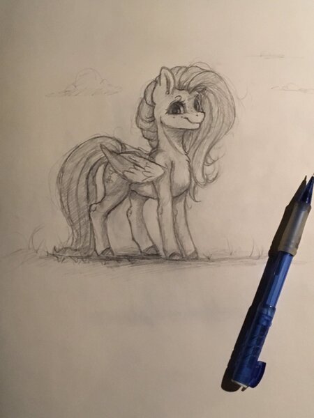 Size: 1536x2048 | Tagged: safe, artist:miokomata, derpibooru import, fluttershy, pegasus, pony, female, freckles, freckleshy, image, jpeg, mare, mechanical pencil, monochrome, pencil, pencil drawing, solo, traditional art