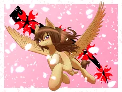 Size: 2000x1500 | Tagged: safe, artist:phoenixperegrine, derpibooru import, oc, oc:shidare sakura, unofficial characters only, pegasus, pony, abstract background, flying, image, jpeg, looking at you, solo, spread wings, wings