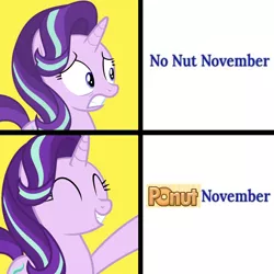 Size: 1600x1600 | Tagged: suggestive, derpibooru import, starlight glimmer, pony, unicorn, exploitable meme, female, hotline bling, image, implied ponut, mare, meme, no nut november, png, ponut november, smiling, solo