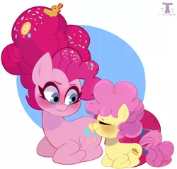 Size: 4388x4180 | Tagged: safe, artist:t-whiskers, derpibooru import, li'l cheese, pinkie pie, earth pony, pony, the last problem, blushing, duo, duo female, eyes closed, female, image, mama pinkie, messy mane, mother and child, older, older pinkie pie, png, ponyloaf, rubber duck, simple background, sitting, white background