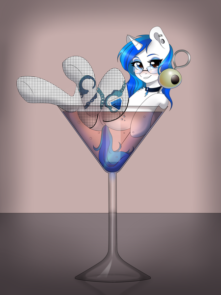 Size: 4500x6000 | Tagged: suggestive, artist:hk2309, derpibooru import, oc, oc:mind, pony, unicorn, alcohol, blushing, clothes, commission, cutie mark, drink, female, fishnets, glasses, hooves, hooves in air, image, lingerie, looking at you, makeup, mare, png, solo, tattoo, ych result