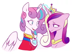 Size: 2481x1849 | Tagged: safe, artist:chub-wub, derpibooru import, princess cadance, princess flurry heart, alicorn, pony, alternate hairstyle, clothes, crown, duo, female, glowing horn, horn, image, jewelry, jpeg, levitation, magic, mother and child, mother and daughter, older, older flurry heart, open mouth, regalia, shirt, simple background, suit, telekinesis, white background