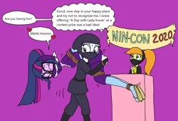 Size: 2286x1558 | Tagged: safe, artist:bugssonicx, derpibooru import, rarity, sci-twi, twilight sparkle, oc, oc:joule, equestria girls, alternate costumes, blushing, bondage, bound and gagged, brightly colored ninjas, carrying, cleave gag, cloth gag, eyes closed, female, femsub, gag, image, kunoichi, mask, ninja, over shoulder, png, sandals, secret identity, submissive, sweat, tied up, twisub