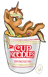 Size: 627x1000 | Tagged: safe, artist:candied death, derpibooru import, oc, oc:chiller sway, unofficial characters only, pony, unicorn, cup of noodles, food, fullbody, image, male, noodles, png, ramen, side view, simple background, small pony, transparent background