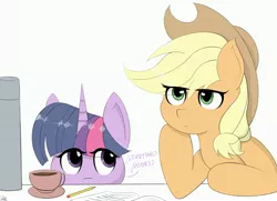 Size: 3514x2549 | Tagged: safe, artist:drawalaverr, derpibooru import, applejack, twilight sparkle, earth pony, pony, unicorn, applejack's hat, book, coffee, cowboy hat, cup, eye clipping through hair, female, hat, image, jpeg, mare, pencil, simple background, table, text, thermos, thinking, unicorn twilight, white background