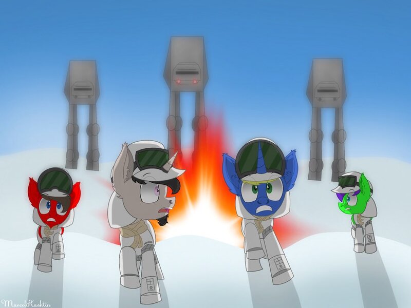 Size: 1024x768 | Tagged: safe, artist:reziepony, derpibooru import, oc, oc:jaredcheeks, oc:raulix evergreen, oc:reziepony, oc:talzotl, pony, at-at, atat, galactic empire, hoth, image, jpeg, rebel alliance, running, running away, scared, star wars