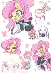 Size: 2480x3508 | Tagged: safe, artist:musicfirewind, derpibooru import, angel bunny, fluttershy, butterfly, insect, pegasus, pony, cafe, clothes, colored pupils, cross-popping veins, cute, dress, eyes closed, female, fluttermaid, food, heart eyes, image, jpeg, maid, maid cafe, mare, offscreen character, one eye closed, open mouth, shyabetes, socks, speech bubble, wingding eyes, wink
