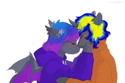 Size: 3000x2000 | Tagged: safe, artist:chi-eca, derpibooru import, oc, oc:grey, oc:rapid shadow, unofficial characters only, bat pony, pony, unicorn, blushing, clothes, couple, cute, ear fluff, eyes closed, flower, flower in hair, freckles, gay, happy, heads together, hoodie, image, jpeg, male, oc x oc, rapid x grey, shipping, smiling, sweater, wings