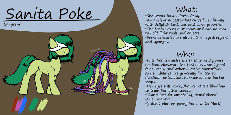 Size: 4096x2048 | Tagged: safe, artist:gangrene, derpibooru import, oc, oc:sanita poke, unofficial characters only, original species, pony, blindfold, female, image, mare, png, reference sheet, solo, tentacles, text