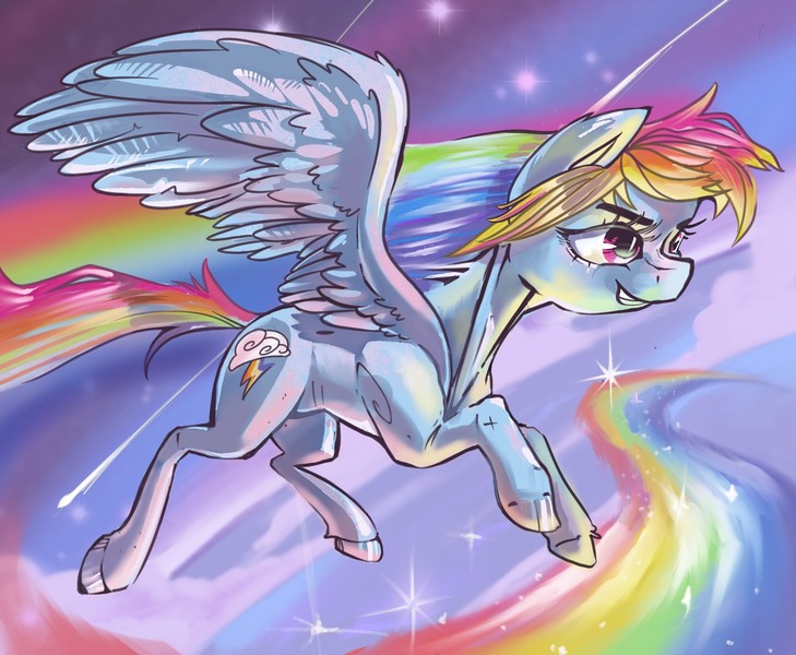 Size: 2000x1647 | Tagged: safe, artist:paskylizart, derpibooru import, rainbow dash, pony, character, drawing, fanart, flying, image, jpeg, painting, rainbow, sky, sonic rainboom