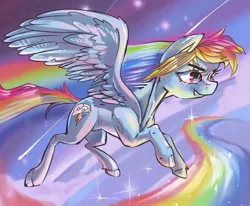 Size: 2000x1647 | Tagged: safe, artist:paskylizart, derpibooru import, rainbow dash, pony, character, drawing, fanart, flying, image, jpeg, painting, rainbow, sky, sonic rainboom