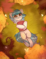 Size: 1550x2000 | Tagged: safe, artist:dipfanken, artist:reterica, derpibooru import, oc, unofficial characters only, butterfly, insect, pony, autumn, book, collaboration, commission, cute, eye clipping through hair, female, image, jpeg, lying down, lying in grass, mare, not coco, on back, solo, tree, ych result