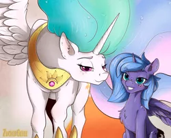 Size: 2100x1700 | Tagged: safe, artist:zuckergelee, derpibooru import, princess celestia, princess luna, alicorn, pony, bedroom eyes, blushing, collar, cutie mark, digital art, duo, female, image, jewelry, larger female, looking at you, mare, png, royal sisters, s1 luna, siblings, sisters, size difference, smaller female, smiling at you, spread wings, wings